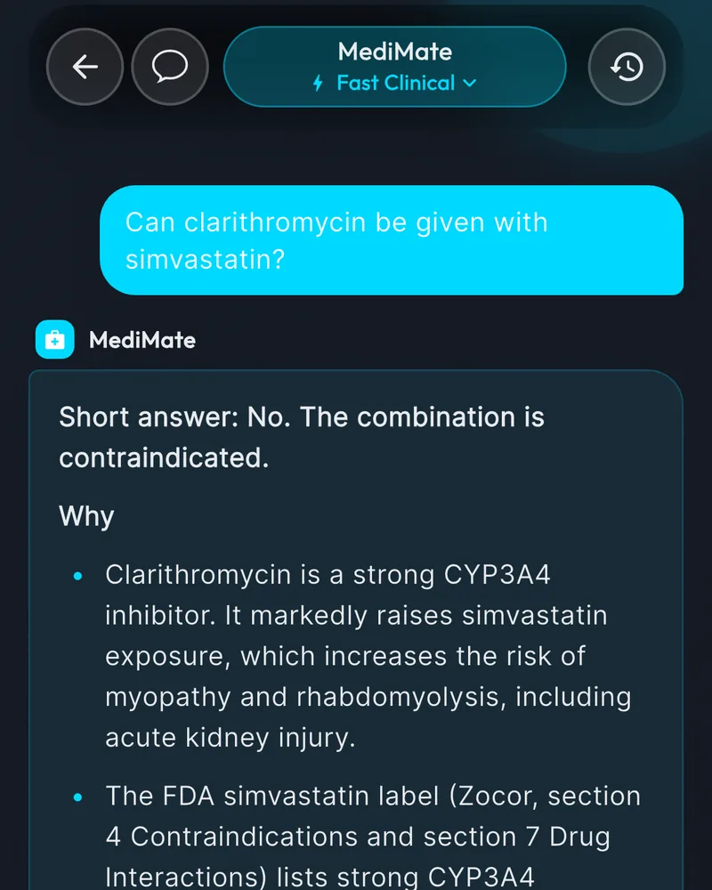 A MediMate answer about clarithromycin with simvastatin: avoid the combination, why, and what to do instead